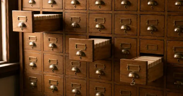 Antique wooden card catalog cabinet with most drawers locked and three open, a small brass key in one lock