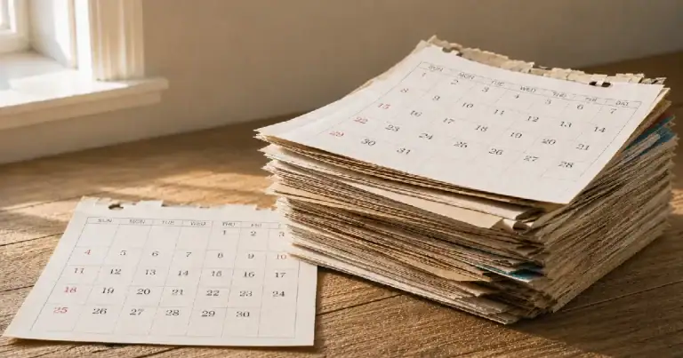 Stack of torn calendar pages on a wooden desk with one page set apart, showing months passing