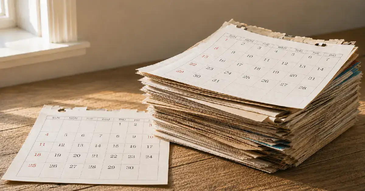 Stack of torn calendar pages on a wooden desk with one page set apart, showing months passing