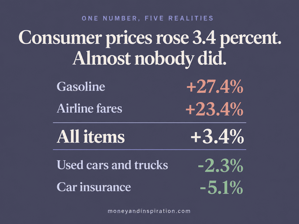Five inflation categories from the August 2026 CPI report, ranging from gasoline up 27.4 percent to car insurance down 5.1 percent, with the overall 3.4 percent average between them.
