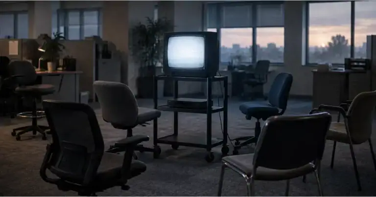 An empty office at dawn with chairs pulled around a television on a rolling cart.