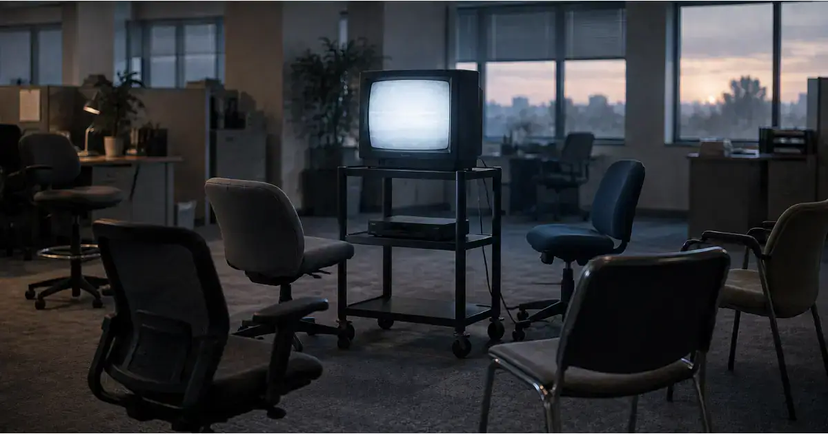 An empty office at dawn with chairs pulled around a television on a rolling cart.