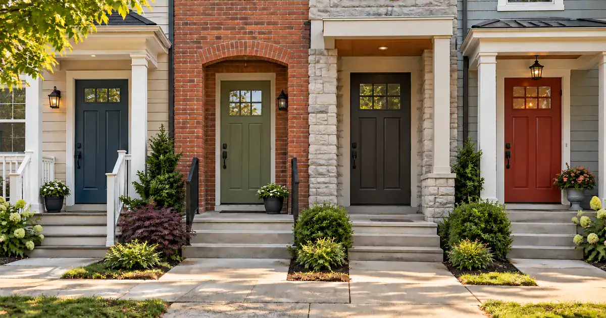 Four different front doors side by side on a row of homes with siding, brick, stone and shingle exteriors