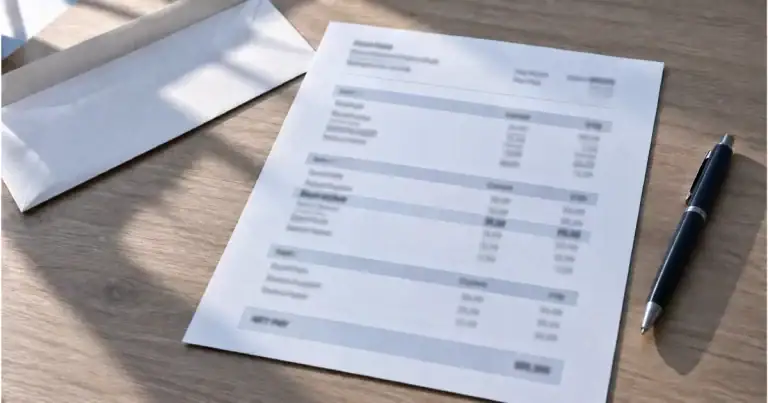Printed pay stub and envelope on a light wood desk with a pen, lit by window light