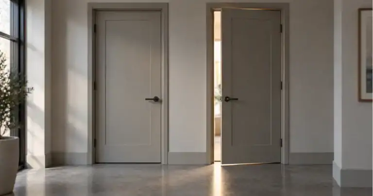 Two interior doors side by side, one closed and one open with warm light coming through.
