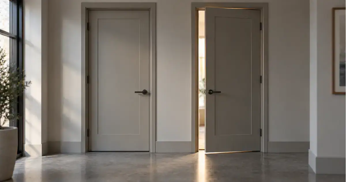 Two interior doors side by side, one closed and one open with warm light coming through.