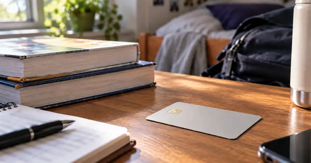 A student credit card on a dorm room desk beside stacked textbooks and an open notebook
